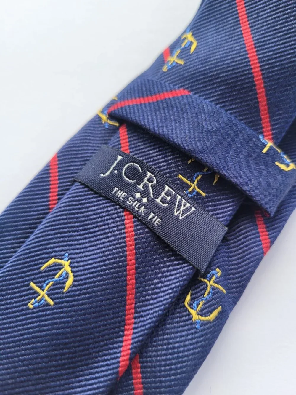 J Crew Men's 100% Silk Tie Anchor Striped Classic Navy Blue & Red Embroidered